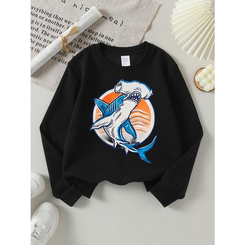 Shark Attack Ocean Wave Design Girls' Crew Neck Fashion Sweatshirt, Autumn and Winter Western Style Top, Children's Long Sleeved T-shirt