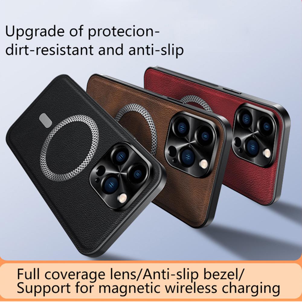 For iPhone 15 Pro Max Case Compatible with MagSafe PU TPU PC Phone Back Cover with Metal Lens Frame
