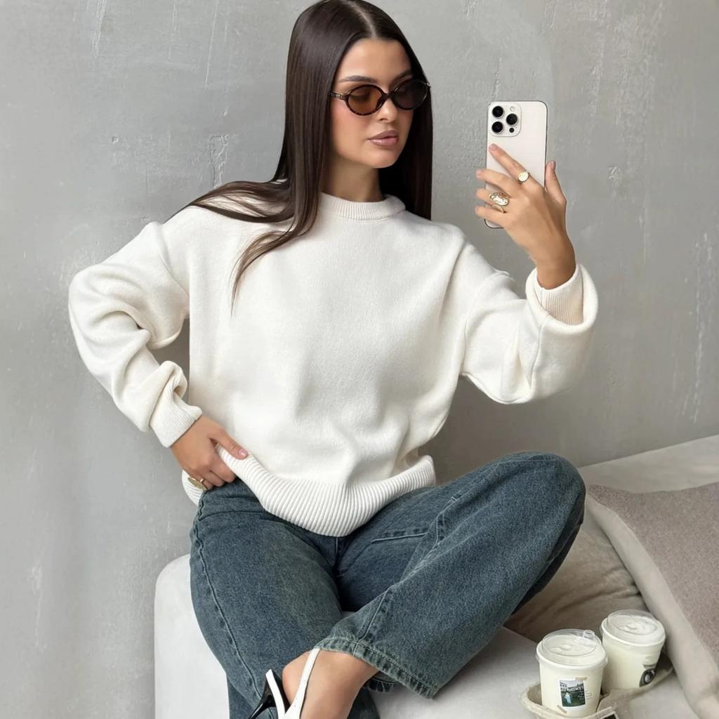 European and American cross-border models solid color classic round neck long-sleeved loose and simple pullover women's versatile knitted pullover