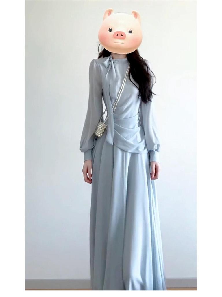 Early Autumn New Chinese Zen Blue Long-Sleeved Dress Set