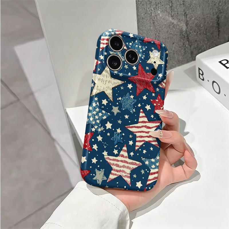 Patriotic Vintage Red White Blue Star Pattern Art Film Aesthetic Protective Shockproof Bumper Case Cover For iPhone 13 14 15 16 17 Pro Max Plus