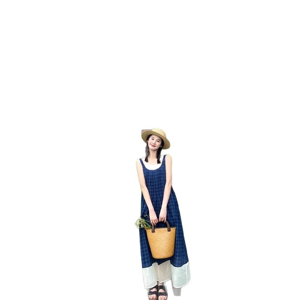 Blue Plaid Summer Sleeveless Dress French Literary Style Mori Retro Small Fresh Holiday Suspender Vest Long Dress