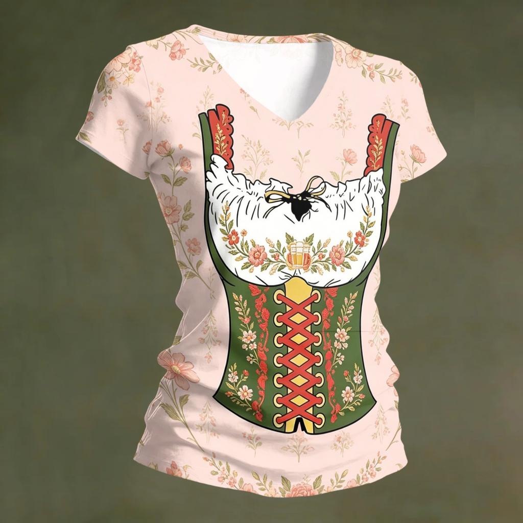 Camiseta Informal de Manga Corta con Cuello en V para Mujer Estampado Oktoberfest Top Tejido Ligero y Suave Camiseta de Corte Holgado para el Uso Diario
