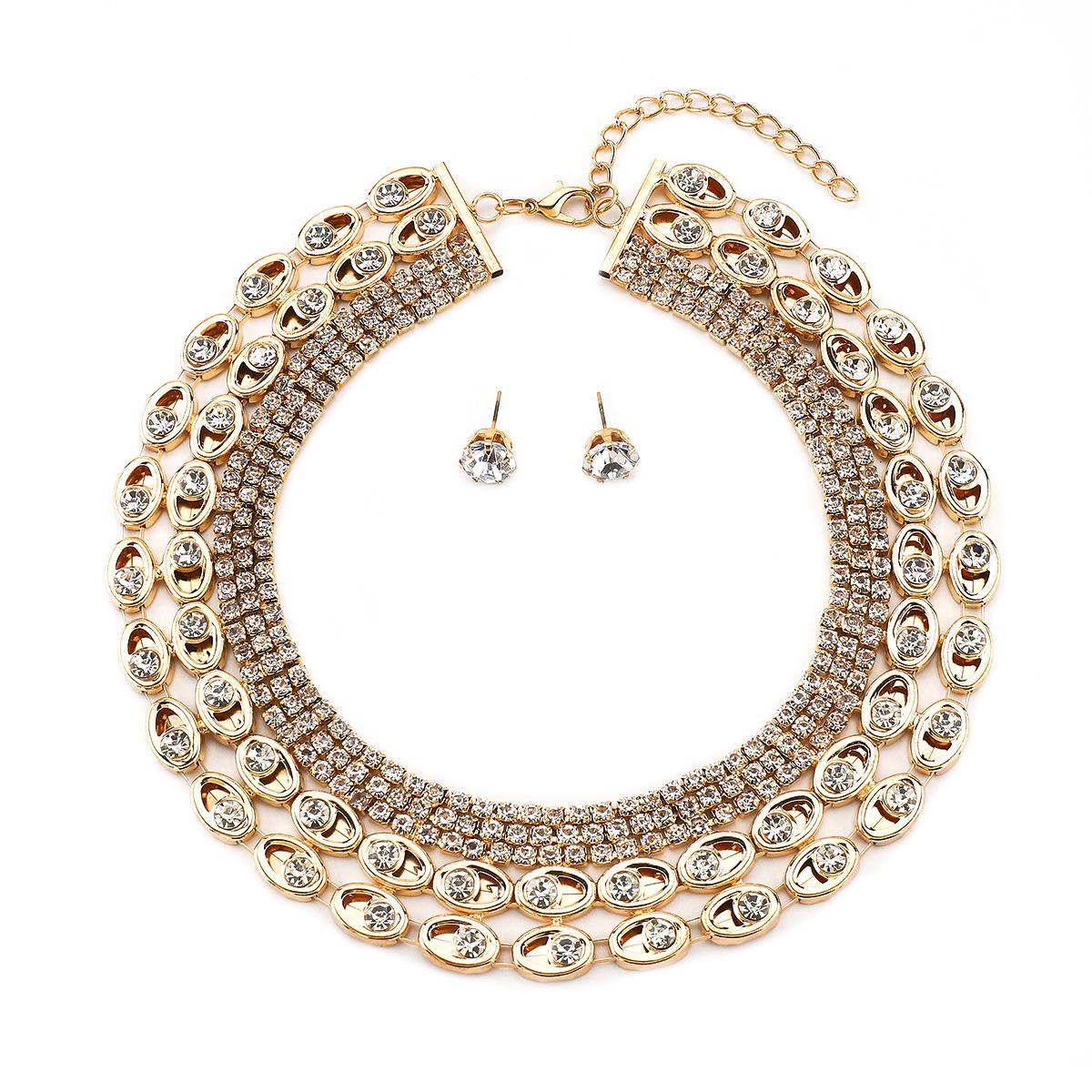 

Rhinestone Necklace Earring Imitation Pearl Multi-layer Jewelry Set Clavicle Chain