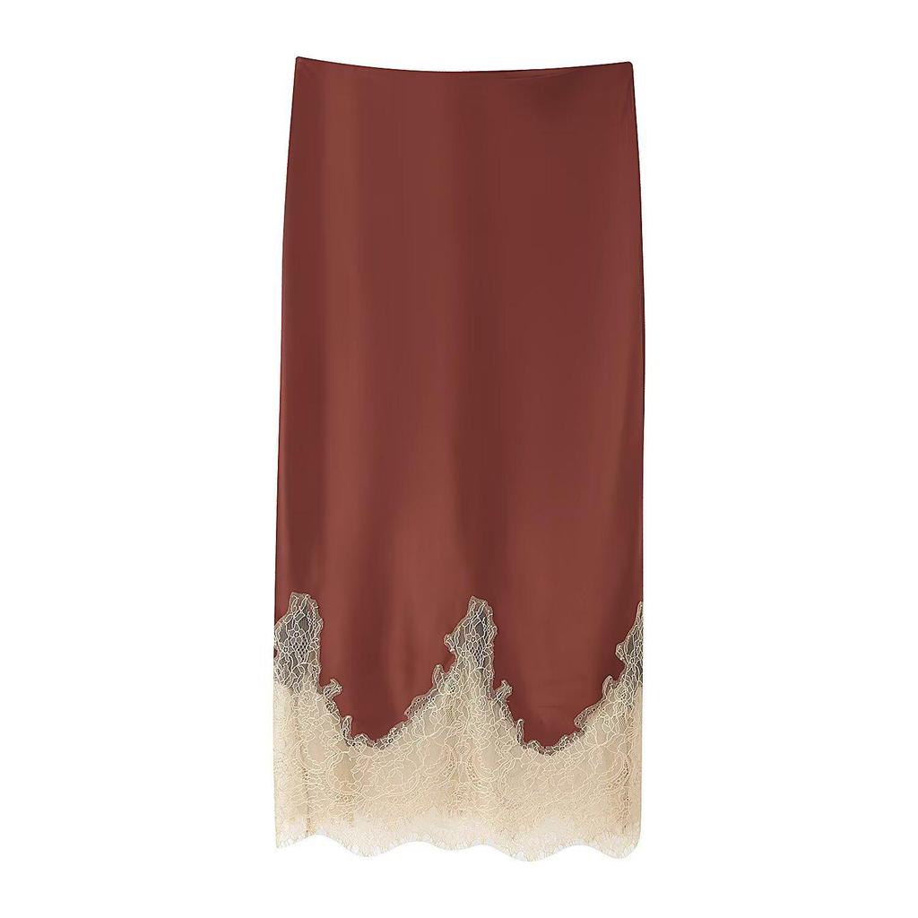 2025 Autumn European Women's Color Block Lace Silk Satin Skirt