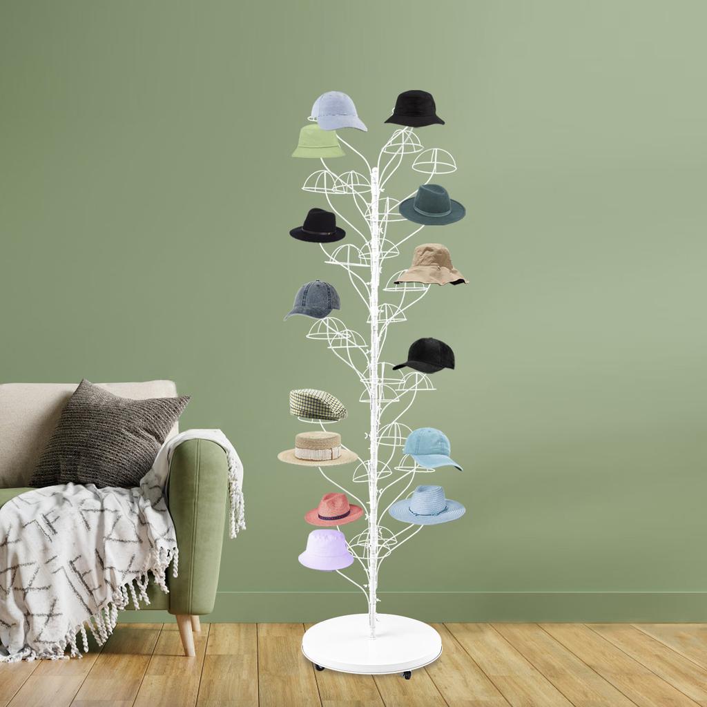35-Hanger Rolling Hat Display Stand, White Floor-Standing Wig Cap Rack with Wheels - Adjustable 175cm Commercial Hat Holder