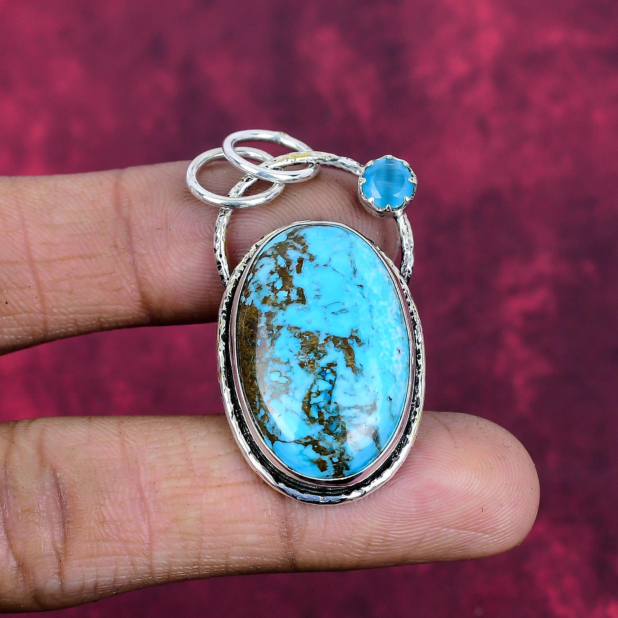 Turquoise Tumble & Blue Chalcedony Pendant, Gemstone 925 Solid Sterling Silver Jewelry, Handmade Jewelry Pendant Gift For Love 1.96 Inches