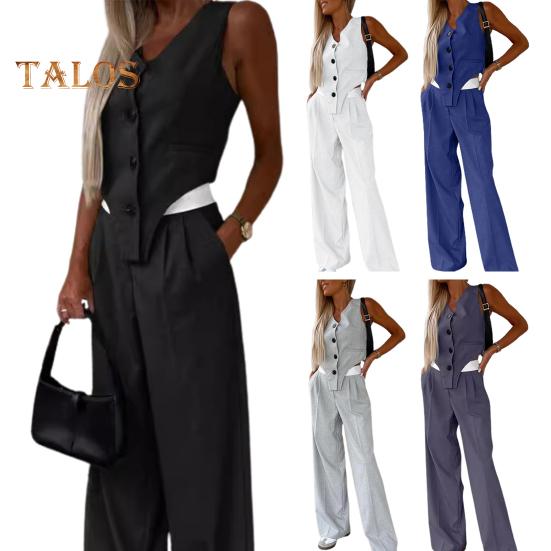 2 stk/sett Dame Toppbukser Dress Ermeløs V-hals Enkelsnappet Uregelmessig vest Elastisk Høy midje Bred Ben Bukser Ensfarge Formell OL