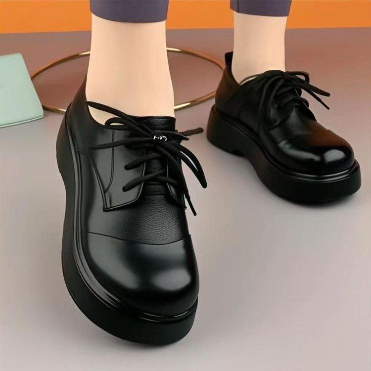 Spring New Soft-soled Leather Shoes British Lace-up Single Shoes Small Thick Soles Increase In Height