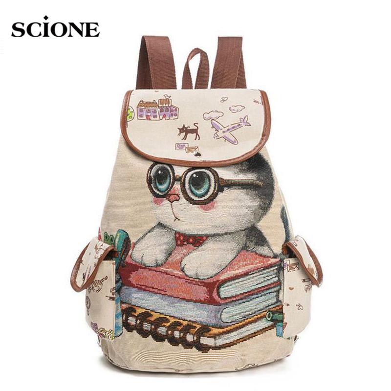 

Холстовый рюкзак Scione с милым котом и принтом на шнурке для девочек-подростков, школьная сумка большой емкости