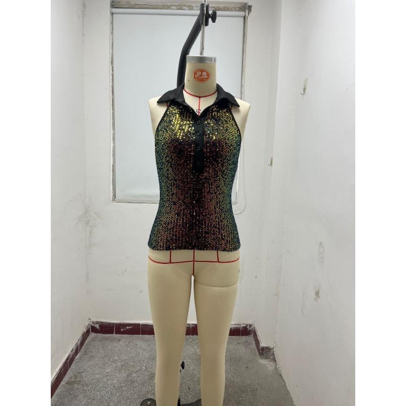 Jaro/léto Dámský sexy top bez rukávů s V-výstřihem, knoflíky a flitry