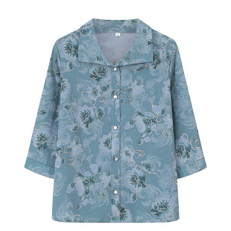 Printed Short-Sleeve Shirt for Middle-Aged Women, Loose Lapel Cardigan for Seniors
