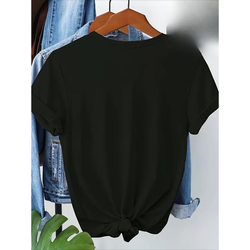 European Size Plus Size Women's  Elegant Floral Heart Print Short Sleeve T-Shirt - Soft Round Neck Casual Top for Spring/Summer