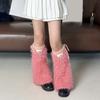 Womens Y2K Girls Winter Furry Leg Warmer wtih Drawstring Harajuku Letter Label Furry Plush Flared Boot Cover Long Socks