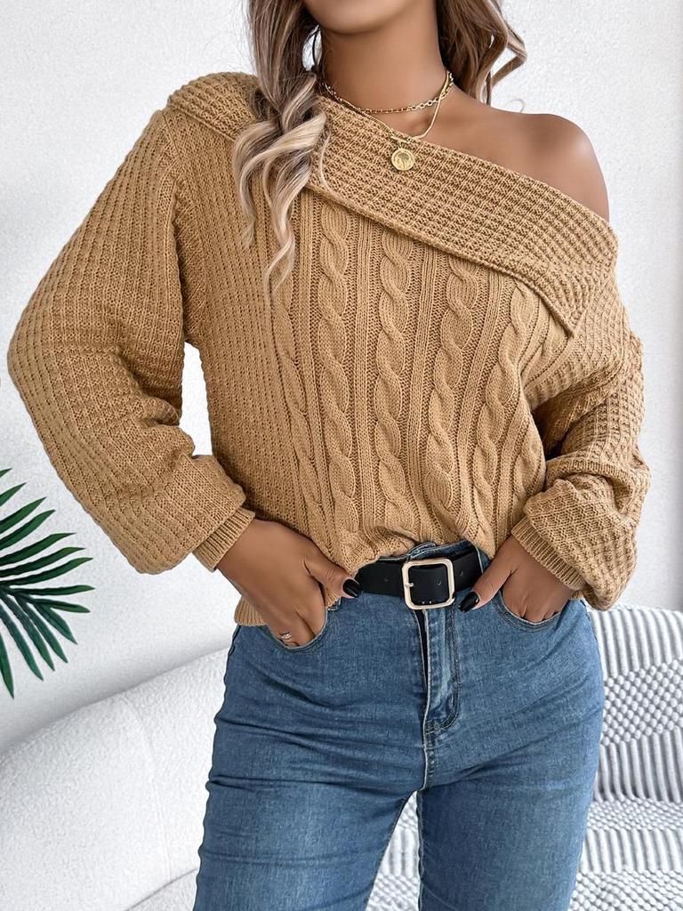 Autumn Winter Sexy Roll Neck Off-Shoulder Cable Knit Long Sleeve Pullover Sweater Women's Clothing