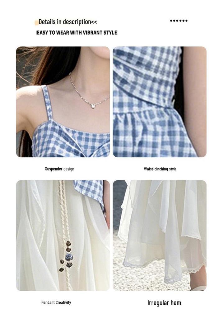 2026 New Girls' Plaid Strappy Top & Long Skirt Set - Korean Style