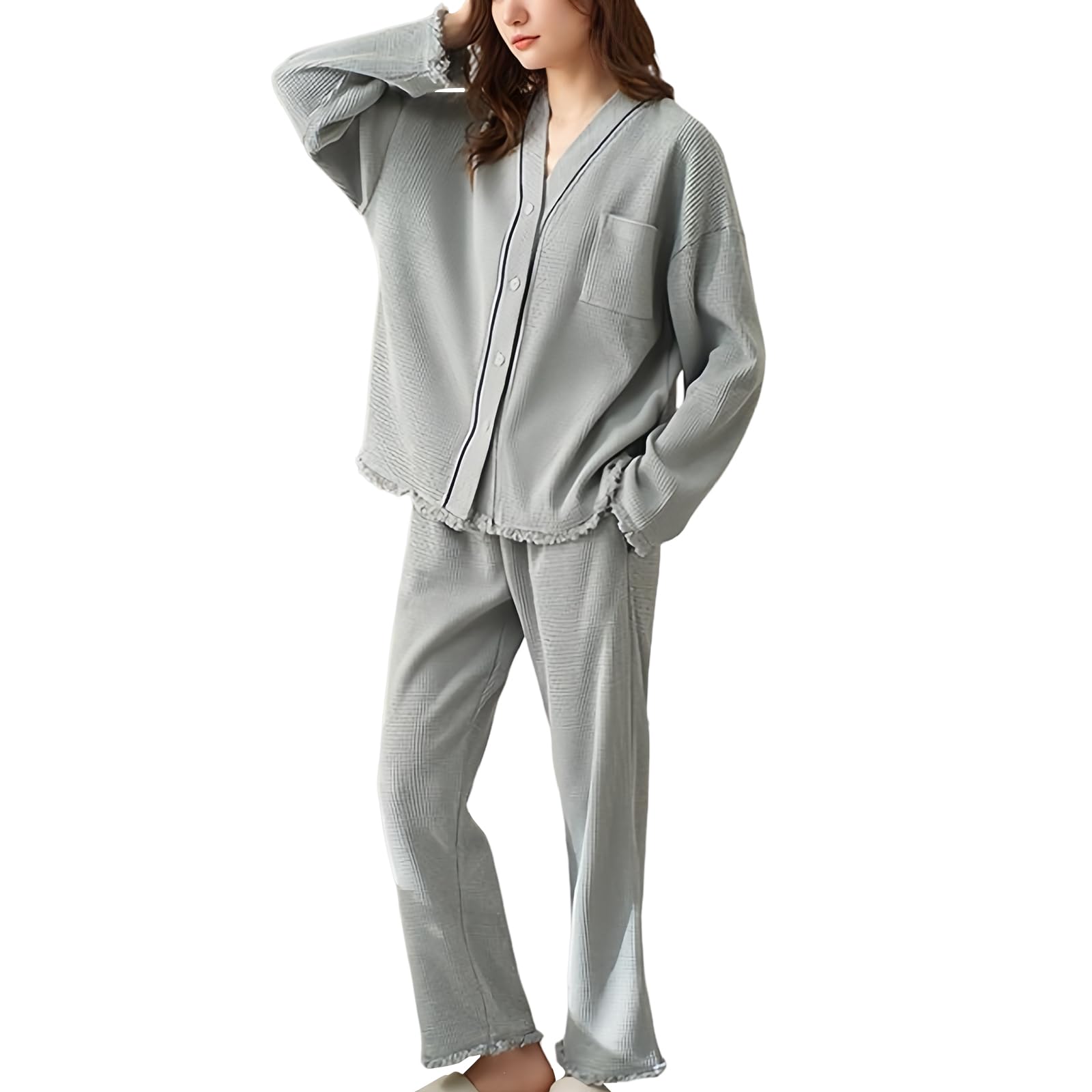 

Tamglean Quion Loungewear Pajama with Fits All Body Loose Plus Sizes Soft Gray Waffle Pattern Women s Set, V-Neck Fringe, Lightweight, Types, Fit, серый