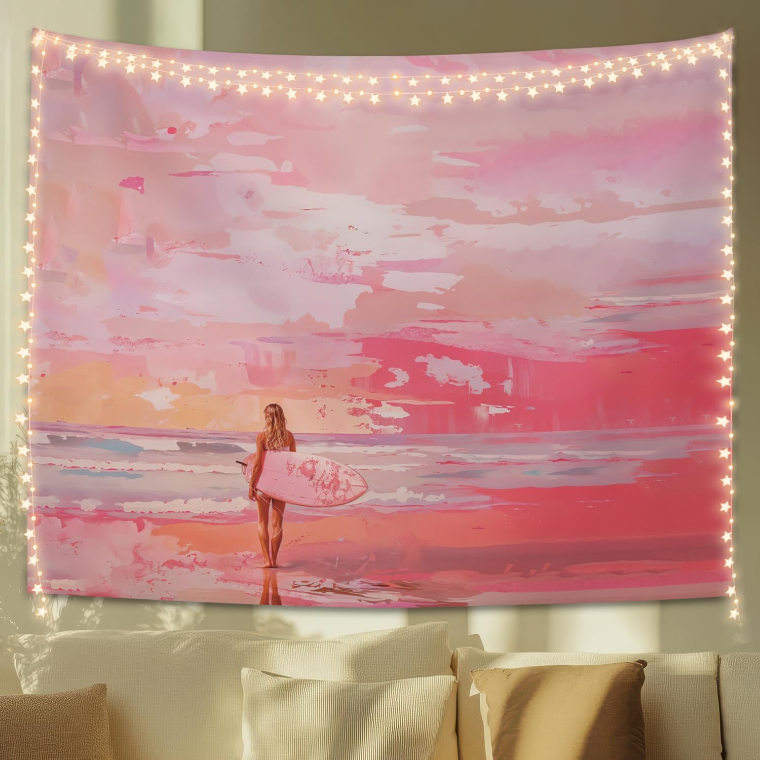 

Pink Beach Tapestry Surfer Girl Sunset Wall Art Preppy Girly Decor for Teen Girl Dorm Bedroom 50x60 Inches 74x94cm(29x37in)