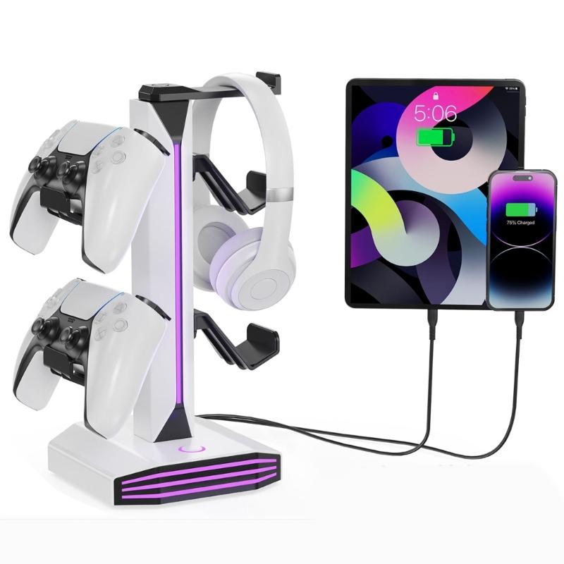 Functional Game Controller Stand Including Power Outlets And LED Features Perfect For Headphones Organization