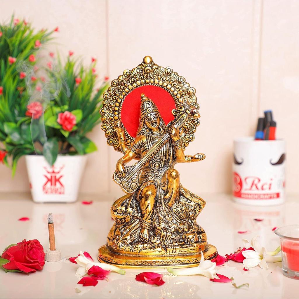 Gold Plated Maa Saraswati Metal Statue,Hindu Goddess Saraswati Ji Murti for Pooja,Meditation