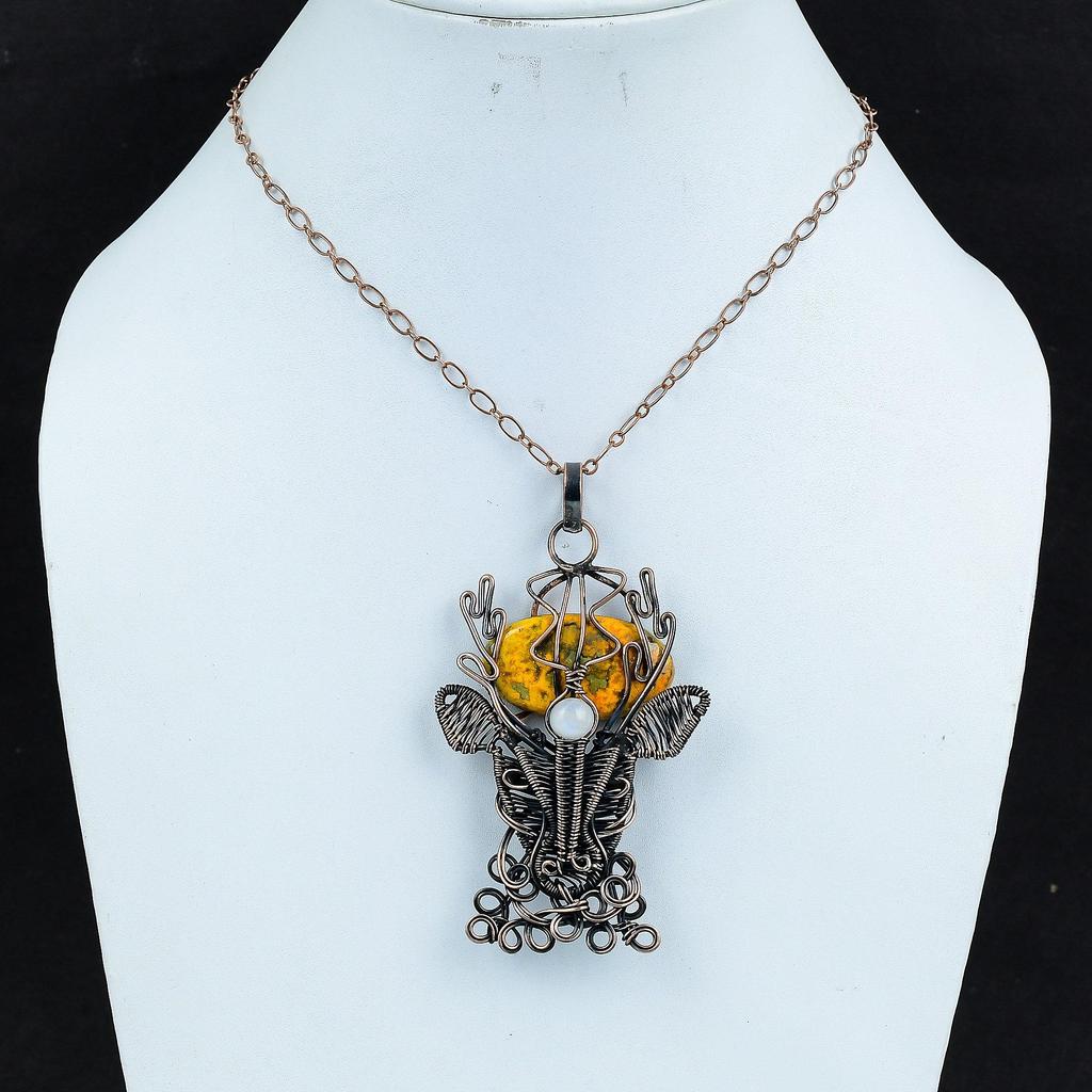 Bumble Bee Jasper Pendant Copper Wire Wrapped Rainbow Moonstone Pendant Deer Face Jewelry Handmade Dainty Pendant Gemstone Pendant For Gifts