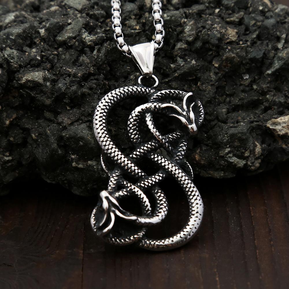 Vintage Norse Loki Double Dragon Gothic Ouroboros Pendant Necklace Stainless Steel Viking Amulet Male Jewlery Gifts Accessories