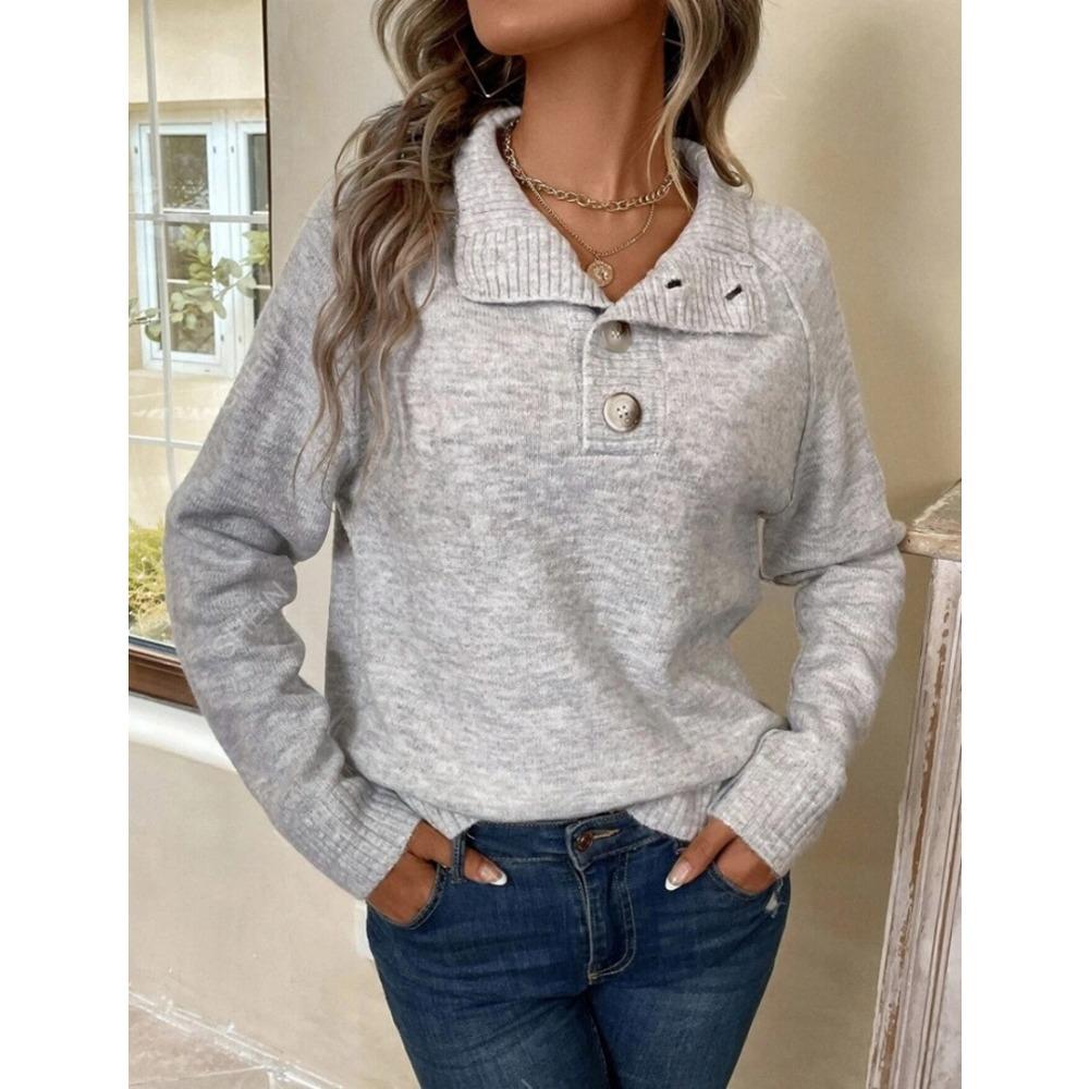 Women s Half Zip Collar Long Sleeve Knit Sweater Loose Fit Casual Button Decor Pullover Jumper S серый