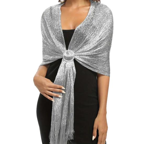 Women Shawl Sparkling Metallic Lightweight Scarf Wrap with Tassel Free Buckle Shimmering Finish Evening Wedding Formal Dress Stole