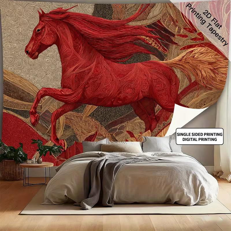 2D Ornate Red Horse Tapestry for Modern & Boho Aesthetic Decor