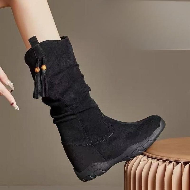 

Tassel Inside Heightened Cotton Shoes Winter New Round Toe Suede Sleeve Platform Non-Slip Mid-Tube Boots 34 чёрный