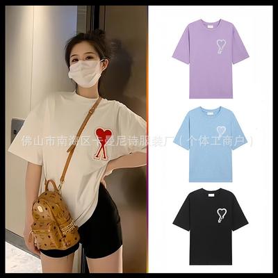 Unisex Baumwoll-Kurzarm-T-Shirt Lockerer Schnitt Rundhalsausschnitt Herz-Print Lässiges T-Shirt 2025
