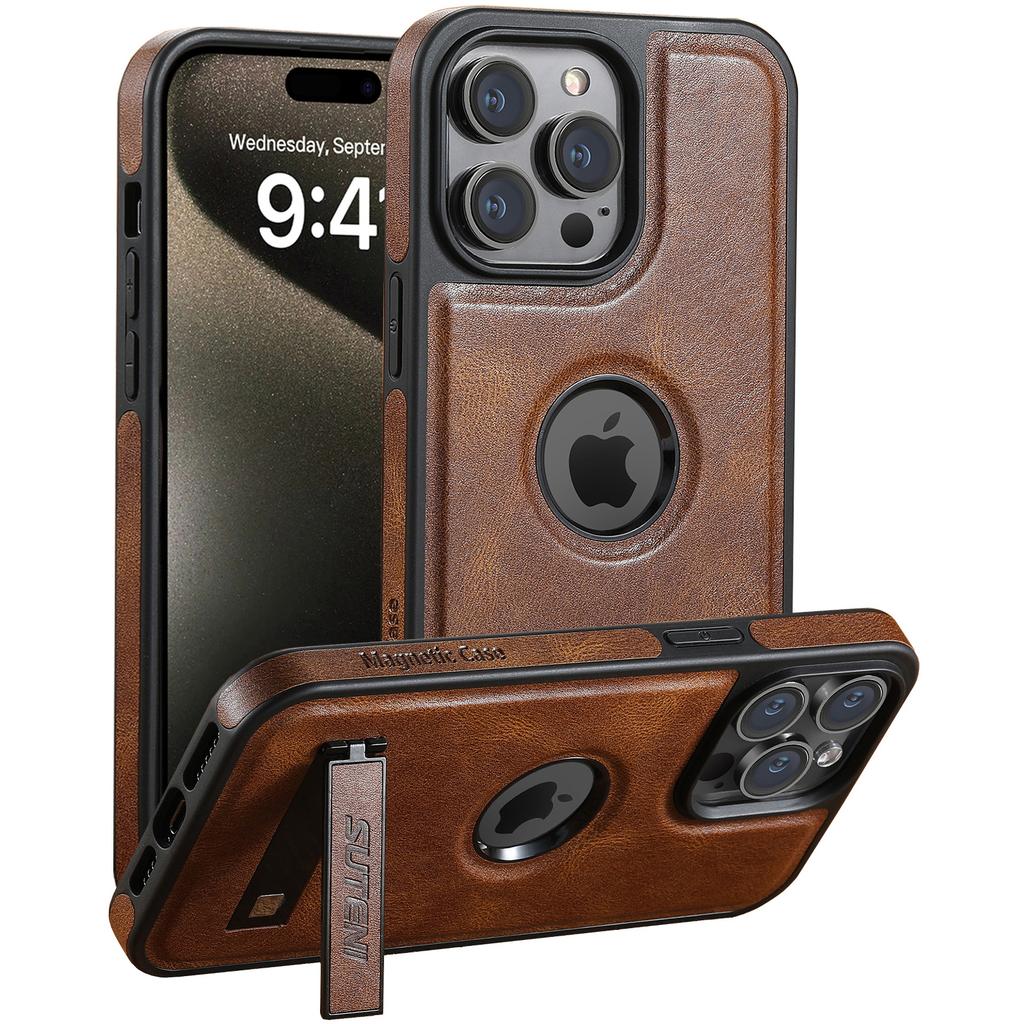 SUTENI G2 For iPhone 15 Pro Magnetic Case Litchi Texture Leather+TPU Cover with Kickstand