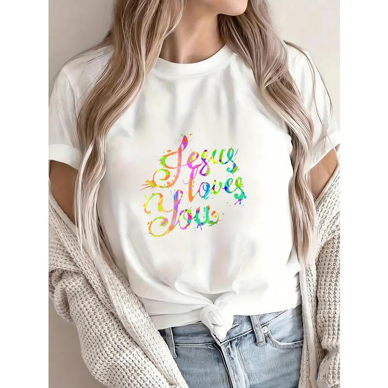 White T Shirt Jesus Loves You Rainbow Text Christian Faith Statement Casual Wear For Women Summer Outfits Church Clothing Gospel Inspired Fashion