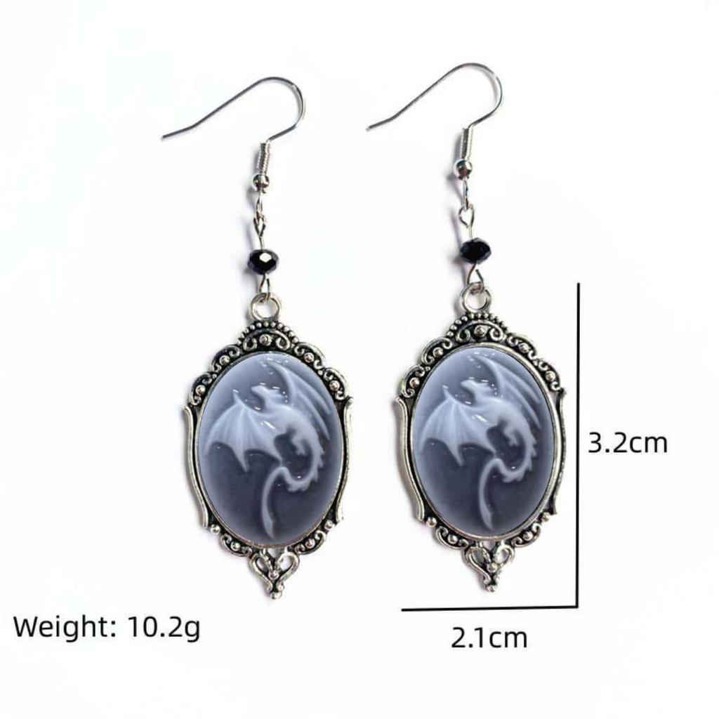 Vintage Gothic Dragon Pendant, Victorian Style, Black & White Cameo Dangle, Antique Earrings