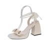Mary Jane shoes women's summer new bow flower pearl sandals square head thick heel high heels