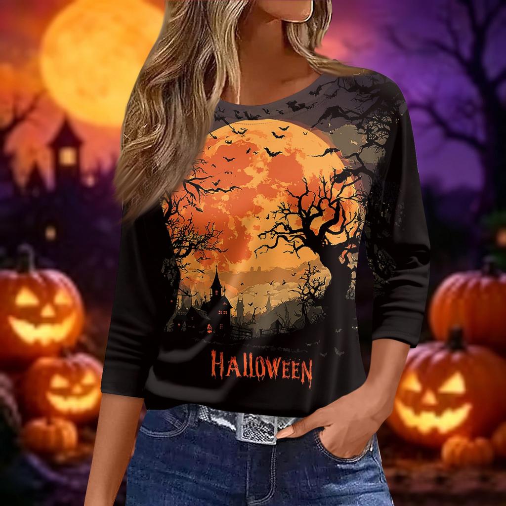 Women 3/4 Sleeve Casual Loose Fit Shirt Round Neck Pullover Halloween Print Top Lightweight Comfortable Blouse