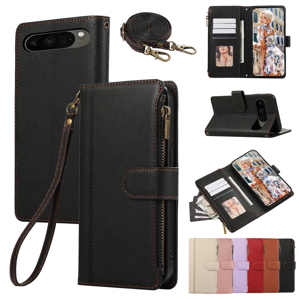 Wrist Strap Crossbody Wallet with Card Holder Phone Case for Google Pixel 9 8 7 6 Pro 8A 7A Protective Shockproof Leather Cover