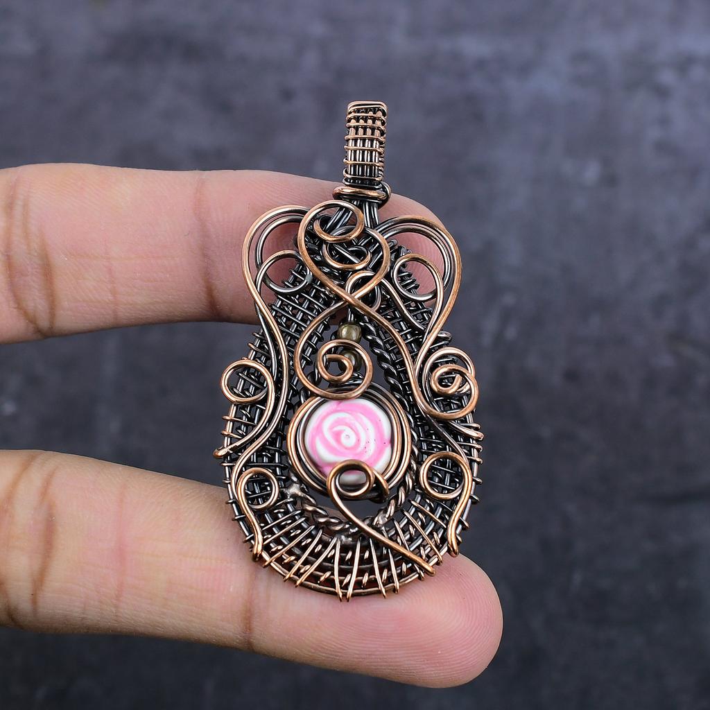 Natural Pink Flower Gemstone Copper Wire Wrap Jewelry Pendant 2.52" C5J01