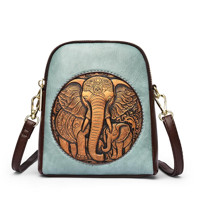 Women's Embossed Elephant Design Crossbody Bag Vintage Leather Shoulder Bag for Daily Use