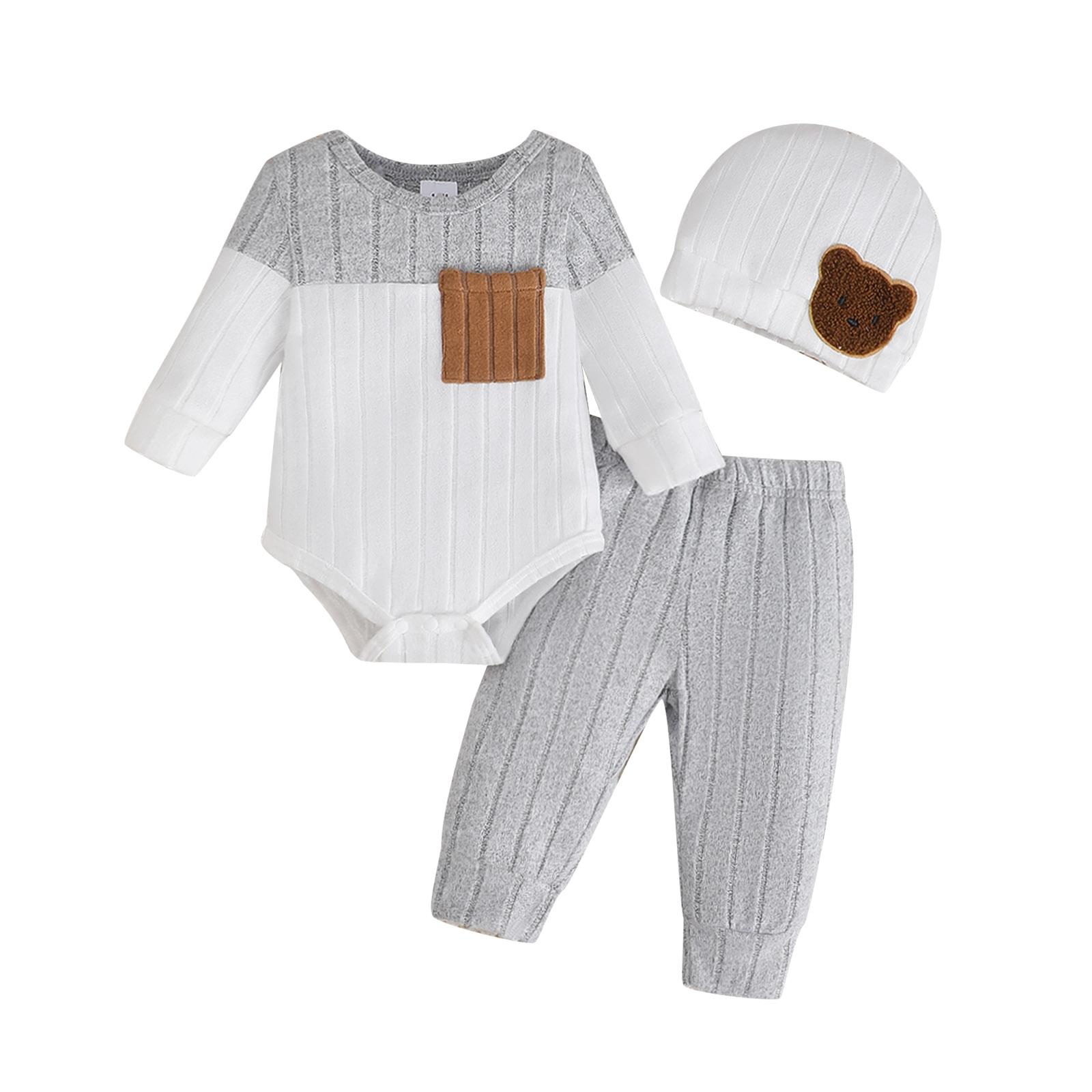 3PCS Newborn Baby Boy Clothes Set Long Sleeved Color Blocked Bodysuit+Gray Pants+Hat Autumn Clothing for Toddlers 1-18 Months 1-3M серый
