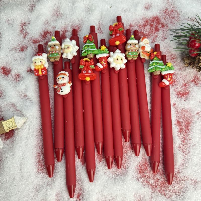 10Pcs Christmas Snowman Patch-Themed Retractable Ballpoint Pens - Red Soft Grip Pens with Random Christmas Designs, Fine Point, Ideal for Students and
