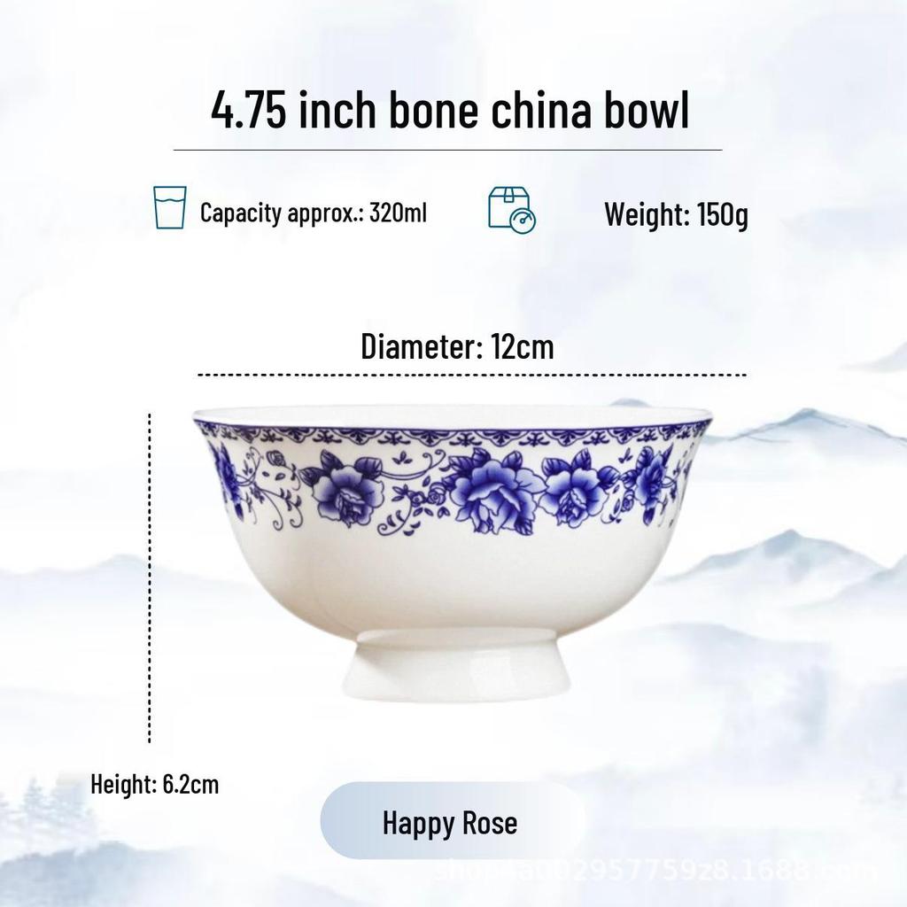 Blue and White High-Foot Bone China Noodle Bowl - Chinese-Style, Anti-Scald, Customizable for Birthdays