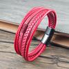 High Quality 4  Color Men Stainless Steel Magnetic Clasp Bracelet Red Multi-layer Braided Leather Wristband Fashion Punk Jewelry