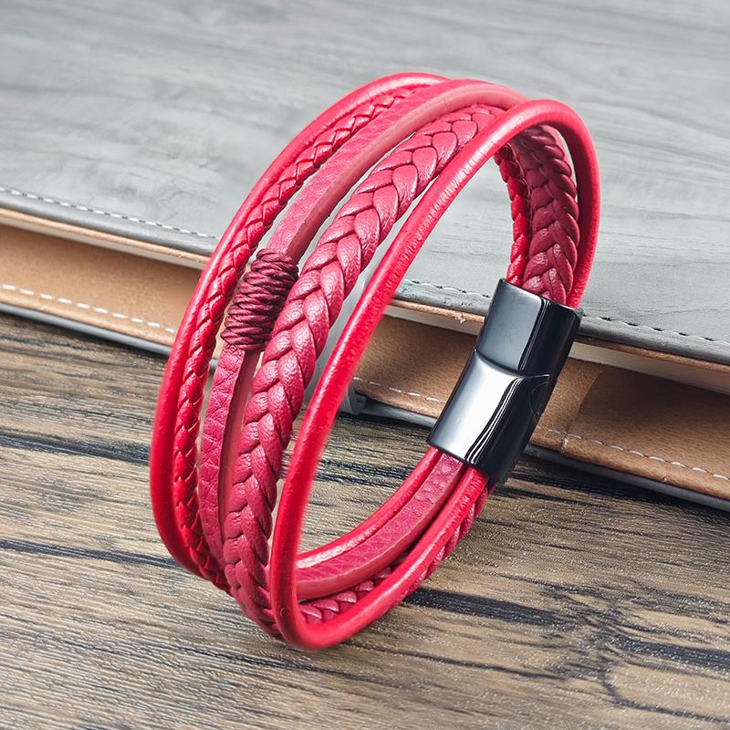 High Quality 4  Color Men Stainless Steel Magnetic Clasp Bracelet Red Multi-layer Braided Leather Wristband Fashion Punk Jewelry