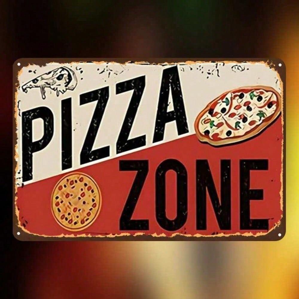 Vintage Pizza Zone Metal Sign, Retro Parlor Wall Decor, Pre-Drilled Iron Plaque for Kitchen