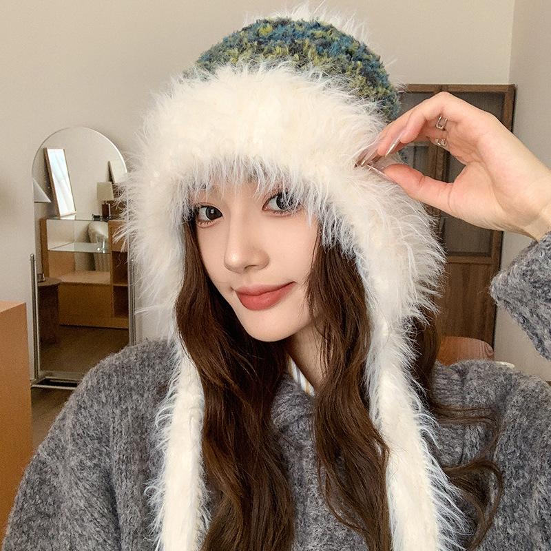 Autumn and Winter New Warm Furry and Cute Ear Protection Hat for Women with Dopamine Straps Korean Style Lei Feng Plush Hat To Keep Out The Cold