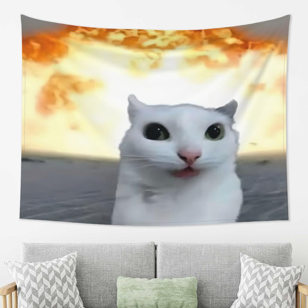 Explosion Background Calm White Cat Meme Tapestry Funny Expression Cat Print Hanging Cloth Room Decoration