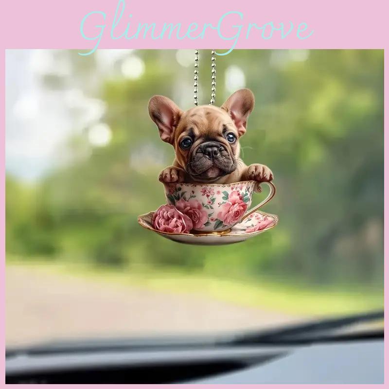 Creative Cartoon Acrylic Flat Dog Tea Cup Car Hanging Ornament For Interior Decoration