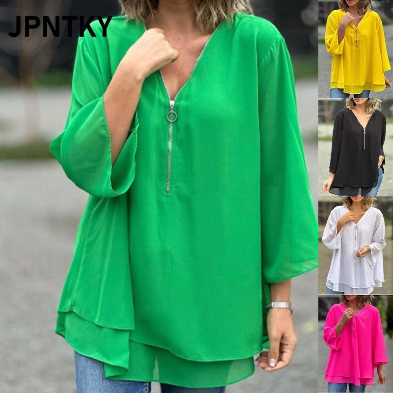 JPNTKY Women's Fashion Casual Solid Color Print Long Sleeve V Neck Blouses & Shirts International design