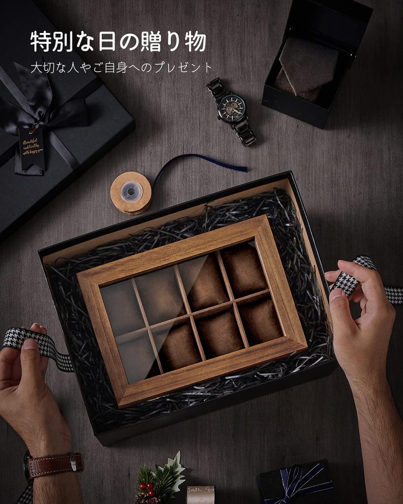 SONGMICS Watch Wooden Watch Storage Box with Jewelry Box with Clear Perfect for Watch Day Birthday Wood JOW008K01 Case, 8-Piece Drawers, Two-Tier